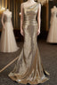 Gold Sequins Irregular Neck Pleats Formal Prom Dress