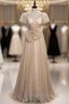 Gold Sequins Pearls V-neck Puff Sleeve Formal Prom Dress