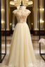 Gold Tulle High Neck Beading Open Back Formal Prom Dress