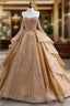 Gold Tulle Long Sleeve Sequins Formal Prom Dress