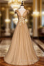 Gold Tulle Pleats Appliques Backless Formal Prom Dress