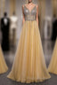 Gold Tulle Sequins Beading V-neck Backless Formal Prom Dress