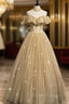 Gold Tulle Sequins High Neck Backless Beading Formal Prom Dress
