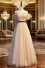 Gold Tulle Sequins Off the Shoulder Pearls Formal Prom Dress