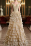 Gold Tulle Sequins Off the Shoulder Tiers Formal Prom Dress