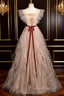 Gold Tulle Sequins Formal Prom Dress With Belt