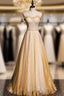 Gold Tulle Sequins Strapless Beading Formal Prom Dress