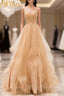 Gold V-Neck Tulle Long Formal Prom Dress, A-Line Evening Dress