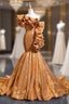 Gold Yellow Mermaid Sequins Asymmetrical Neck Ruffles Formal Prom Dress
