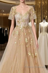 Golden Short Sleeves A-Line Tulle Formal Prom Dress,