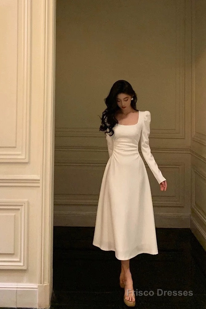 Gorgeous A Line Square Neckline Long Sleeves Date Night Dress White Pr