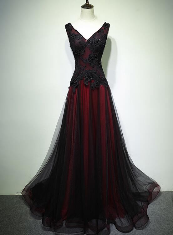 Gorgeous Black And Red V-Neckline Tulle Beaded Prom Dress, Long Evenin – Frisco Dresses