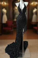 Gorgeous Black Sequin Mermaid Spaghetti Strap Vling Long Formal Prom Dress Backless Formal Evening Dress
