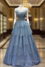 Gorgeous Blue Tulle Layers Beaded Long Wedding Party Dress, Blue Formal Gown