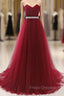 Gorgeous Burgundy Sweetheart Long Formal Prom Dress Tulle Crystal Evening Gown