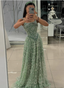 Gorgeous Green A-Line Square Neck Spaghetti Strap Beaded Embroidered Tulle Long Prom Dress Evening Dress