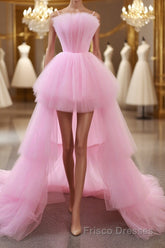 Gorgeous High Low Pink Tulle Long Formal Prom Dresses, Pink Tulle Formal Graduation Evening Dresses