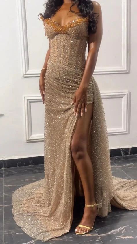 Gorgeous Mermaid Spaghetti Straps Floor Length Sequin Slit Evening Dre – Frisco Dresses
