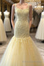 Gorgeous Mermaid Yellow Lace Long Formal Prom Dresses, Mermaid Yellow Formal Dresses, Yellow Lace Evening Dresses