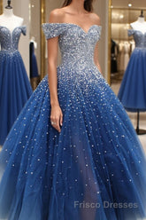 Gorgeous Off Shoulder Sequins Blue Long Formal Prom Dresses, Shiny Sequins Blue Formal Evening Dresses, Blue Ball Gown