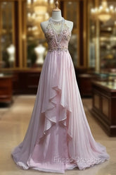 Gorgeous Pink A-Line Tulle High Neck Chiffon Long Beaded Backless Formal Prom Dress Retro Wedding Birthday Dress