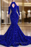 Gorgeous Royal Blue Long Sleeves Formal Prom Dress Mermaid Long With Sequins