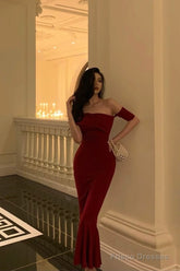 Gorgeous Sheath Off The Shoulder Short Sleeves Date Night Dress Red Prom Dresses Birthday Outfits