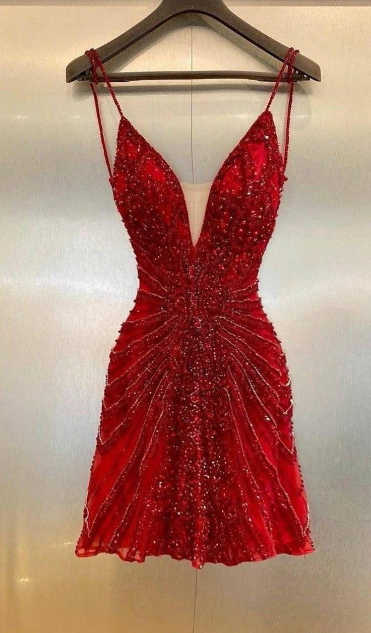Gorgeous Spaghetti Straps Sequin Beaded Cocktail Dress Red Mini Birthd –  Frisco Dresses