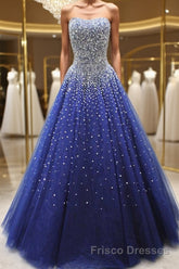 Gorgeous Strapless Blue Tulle Beaded Long Formal Prom Dresses, Beaded Blue Formal Evening Dresses, Beaded Ball Gown