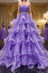Gorgeous Strapless Layered Purple Tulle Long Formal Prom Dresses with Belt, Purple Formal Evening Dresses, Purple Ball Gown