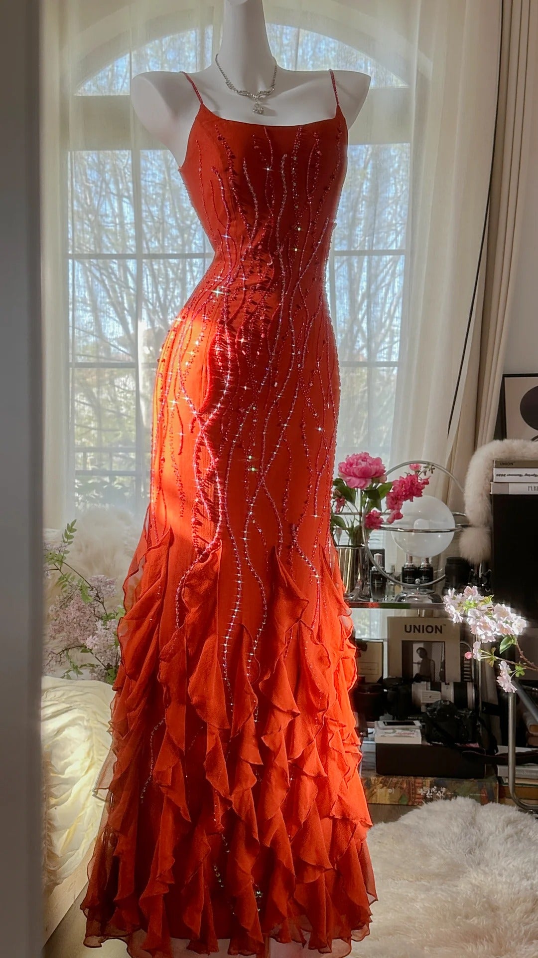 Gorgeous sunset orange chiffon beaded jellyfish skirt evening dress pr   Frisco Dresses