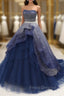 Gorgeous Tulle Strapless Beaded Long Layered Evening Dress, Blue Formal Dress Formal Prom Dress