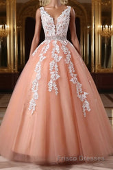 Gorgeous V Neck Open Back Coral Lace Floral Long Formal Prom Dresses, Coral Lace Formal Dresses, Coral Evening Dresses with Appliques