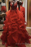 Gorgeous V Neck Open Back Red Lace Long Formal Prom Dresses, Red Lace Formal Evening Dresses, Red Ball Gown