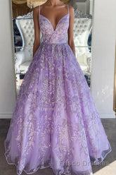 Gorgeous V Neck Thin Straps Purple Long Formal Prom Dresses, V Neck Purple Formal Evening Dresses, Purple Ball Gown