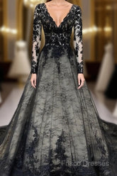 Gothic Black Lace Wedding Dress Long Sleeves