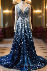 Gradient Blue A-Line Spaghetti Straps Sequins Long Formal Prom Dress V-Neck Evening Gown