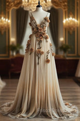Gradient Champagne V-Neck Chiffon A-Line Formal Prom Dress Three-Dimensional Rose Simple Wedding Dress