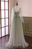 Gradient Tulle Green Long Sleeves Party Dress, Green Evening Formal Dress