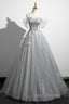 Gray A-Line Off the Shoulder Tulle Formal Prom Dress, Lovely Corset Floor Length Party Dress