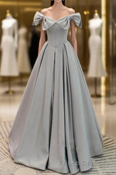 Gray A-Line Satin Long Formal Prom Dresses, Gray Formal Evening Dresses