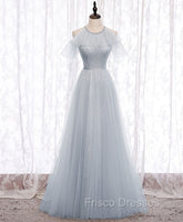 Gray A line Tulle Long Formal Prom Dress, Gray Formal Bridesmaid Dress