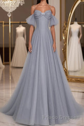 Gray A line tulle off shoulder Formal Prom Dresses, gray long evening Dresses