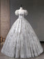 Gray A-Line Tulle Sequin Long Formal Prom Dress, Gray Tulle Sweet 16 Dress