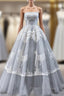 Gray Ball Gown Tulle Appliques Embroidery Strapless Formal Prom Dress