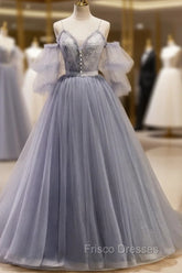 Gray Blue A-Line Tulle Lace Long Formal Prom Dress, Gray Blue Formal Graduation Dress