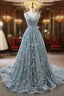 Gray Blue Ball Gown Tulle Appliques V-neck Backless Formal Prom Dress