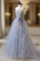 Gray Blue Lace Long Formal Prom Dress, Strapless Evening Party Dress