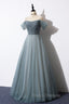Gray Blue Spaghetti Strap Tulle Floor Length Formal Prom Dress, Off Shoulder Evening Party Dress