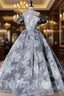 Gray Blue Tulle Flower Off Shoulder Quinceanera Dress